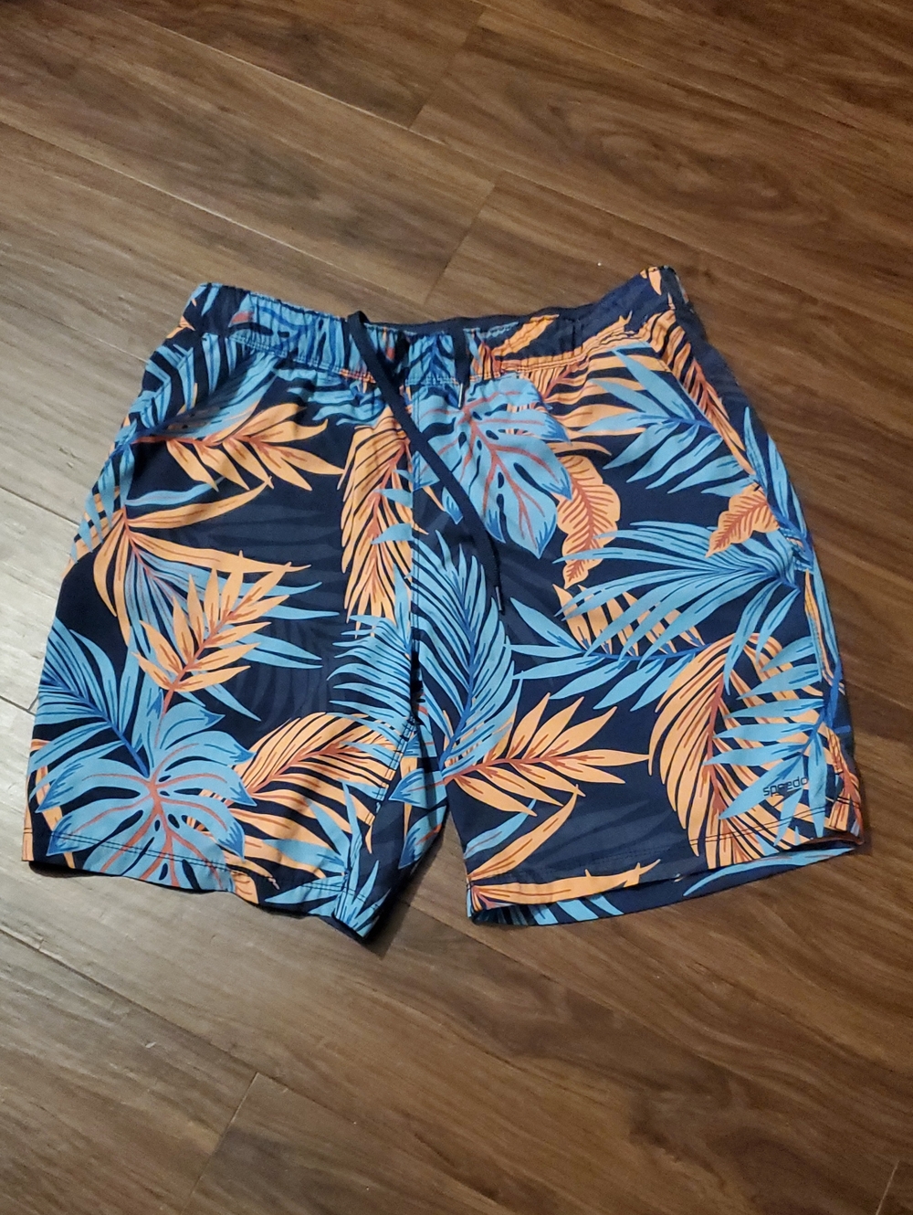 Speedo Navy Swim Trunks with Orange and Light Blue Tropical Print